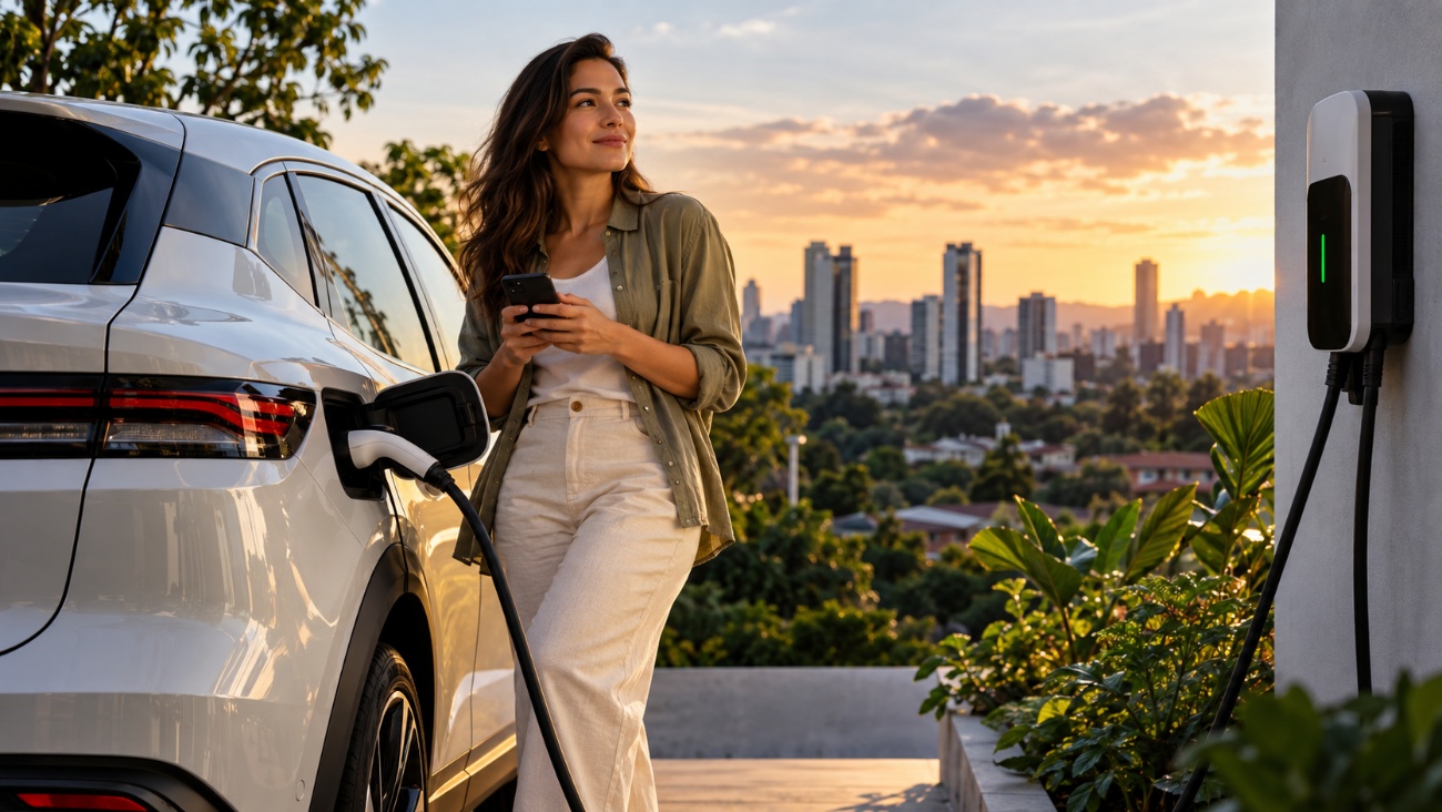Mulher sorrindo com o celular na mão ao lado de um carro elétrico branco conectado a um carregador de parede, com a cidade ao pôr do sol ao fundo