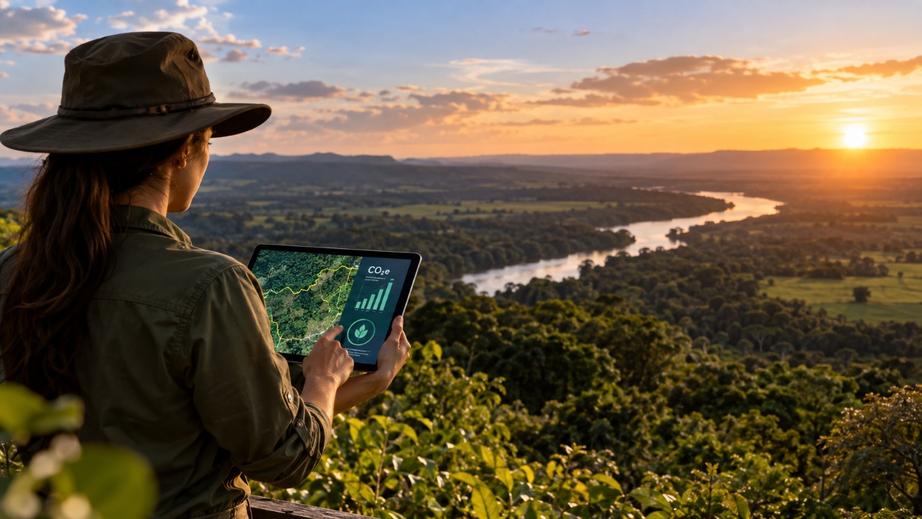 Engenheira ambiental de chapéu observa uma floresta e um rio ao pôr do sol enquanto segura um tablet com mapa da área e gráfico de CO2 equivalente