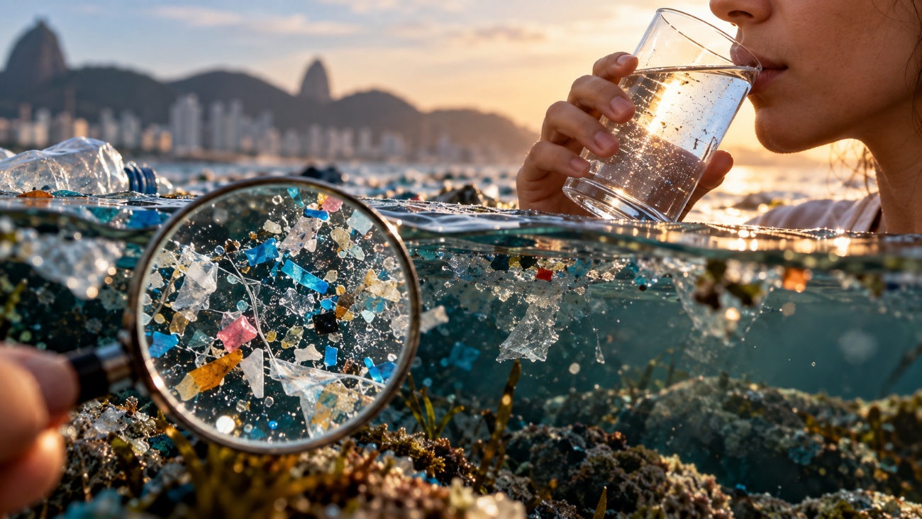 Lupa ampliando fragmentos coloridos de plástico na água do mar, com uma pessoa bebendo um copo de água ao fundo e a orla do Rio de Janeiro ao pôr do sol