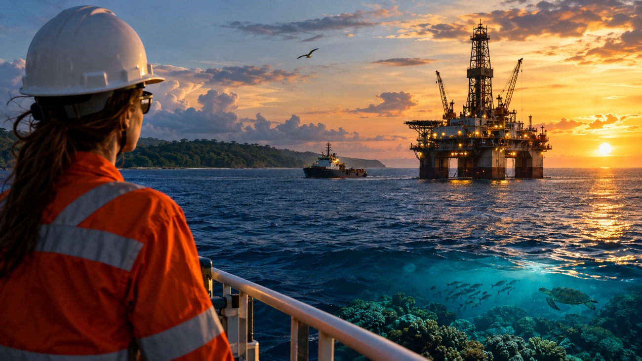 Engenheira ambiental de capacete e colete laranja observa uma plataforma de petróleo no mar ao pôr do sol, com recifes de coral e uma tartaruga marinha sob a água