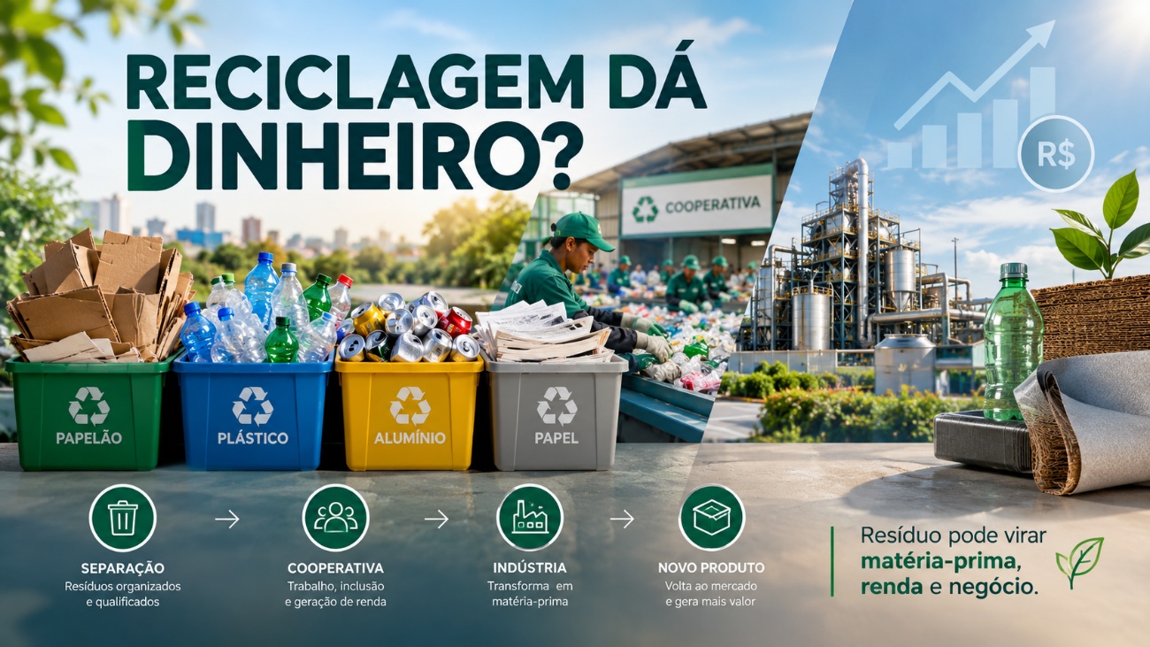 Infográfico mostrando a cadeia da reciclagem: separação de materiais, cooperativa de catadores, indústria de reciclagem e novo produto no mercado